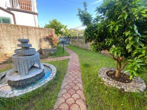 un jardin avec une fontaine en pierre à côté d'un arbre dans l'établissement Gather Inn Guest House, à Shkodër