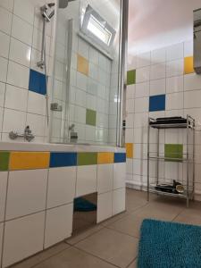 uma casa de banho com um chuveiro e um lavatório. em Ferienwohnungen Marek em Ravelsbach
