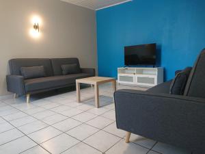 uma sala de estar com sofás, uma televisão e uma mesa em chambre privée à BORDEAUX PELLEGRIN em Bordeaux