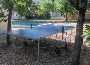 stół do ping ponga siedzący obok drzewa w obiekcie Le JARDIN DES DELIS gite NEUF avec piscine bio UV w mieście Saint-Saturnin-lès-Apt
