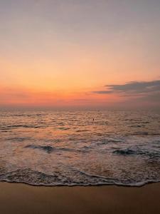 um pôr-do-sol sobre o oceano na praia em Sweet Pea Hostel em Balapitiya