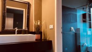 a bathroom with a sink and a mirror and a shower at Lounge Apartment Orti in Udine +15 photos