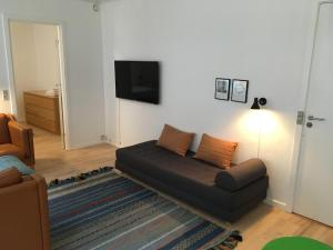 uma sala de estar com um sofá e uma televisão de ecrã plano em Astas Apartment em Aalborg
