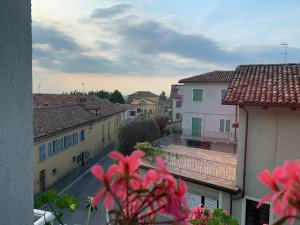a view of a city with buildings and pink flowers at A Casa di Viola - Appartamento in La Morra