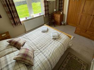 a bedroom with a bed with two pillows on it at Two Hoots in Wigglesworth