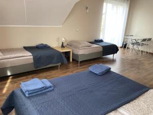 two beds in a room with blue blankets on them at Apartament FORREST w Rewie in Rewa