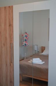 Zimmer mit einem Bett und einer Glaswand mit einem Spiegel in der Unterkunft Apartman Ariana in Selce