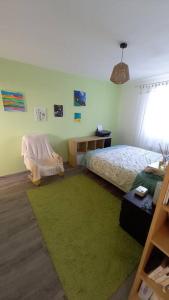 een slaapkamer met een bed en een groen tapijt bij House of magic lake in Gréoux-les-Bains