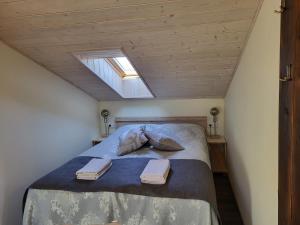 a bedroom with a large bed with a skylight at Šv Hubertas in Karklė
