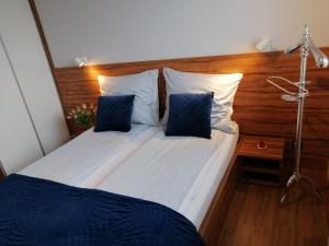 Schlafzimmer mit einem Bett mit blauen und weißen Kissen in der Unterkunft Apartament71 in Płock