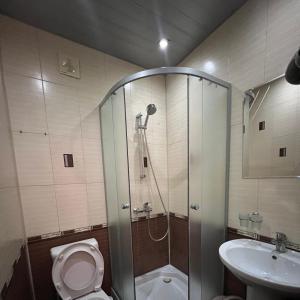 a bathroom with a shower and a toilet and a sink at Гостевой дом Марина in Gagra