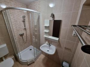 a bathroom with a shower and a toilet and a sink at Ádám Apartmanház in Siófok