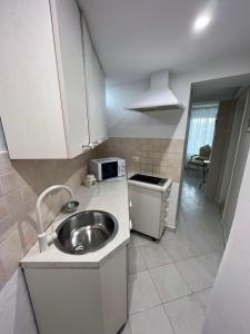 a small kitchen with a sink and a microwave at Apartment Sulle scale in Piran