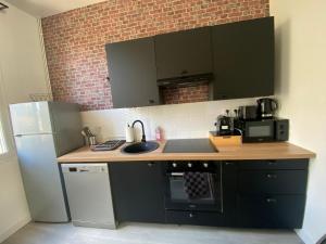 una cucina con bancone, lavandino e frigorifero di Le Duplex a Louviers