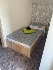 リュブリャナにあるL&G ROOMSの緑の枕が備わるドミトリールームのベッド1台分です。