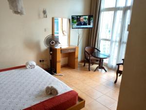 a bedroom with a bed and a desk and a television at DOUBLE FIVE HOTEL in Kampala