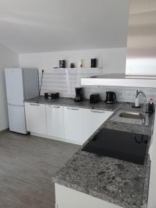 a white kitchen with a sink and a refrigerator at Studio Apartman Rubinić in Lovran