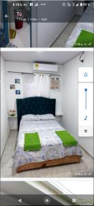 Un dormitorio con una cama con almohadas verdes. en CABAÑAS NATIVAS MISS FLASSY San Andres (Islas), en San Andrés