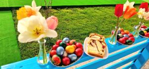 una mesa azul con jarrones de fruta y flores. en Splendoarea Deltei, en Maliuc