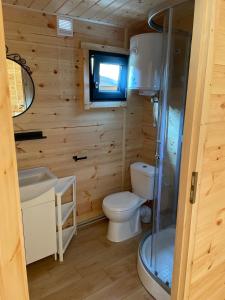a small bathroom with a toilet and a shower at Toscana Camp in Pogorzelica
