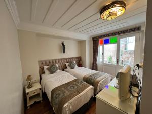 Duas camas num quarto com uma televisão e uma janela em Ersari Hotel em Istambul