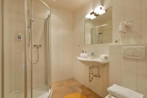 a bathroom with a shower and a sink at Biolandhaus Seethaler in Vorderthiersee