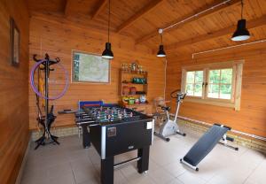 ein Zimmer mit einer Tischtennisplatte und Fitnessgeräten in der Unterkunft Dom wakacyjny Jaśki in Trzcianka