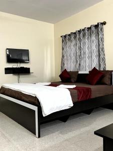 een slaapkamer met een groot bed en een tv aan de muur bij Dundubhi service apartment in Chikmagalūr