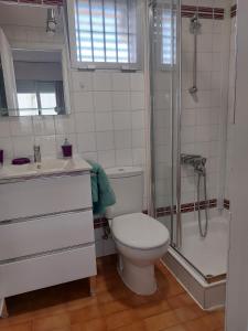 a bathroom with a toilet and a shower and a sink at Lovely apartment in Torremolinos Views of the sea, pool, terrace, sofa bed and fully equipped kitchen in Torremolinos