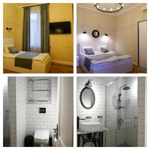 three pictures of a bathroom with two beds and a shower at Hotel and Hostel Ticiani 15 in Kutaisi