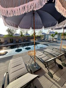 a group of chairs and an umbrella next to a pool at RESIDENCE BACO Da SETA in Mestre