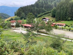 un grupo de casas en una colina con una valla en Pferdehof Reitingau en Mautern in Steiermark