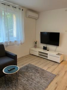 uma sala de estar com uma televisão de ecrã plano e um sofá em Apartment VBK Osijek em Osijek