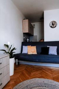 a living room with a blue couch with pillows at Przytulne mieszkanie w centrum in Warsaw