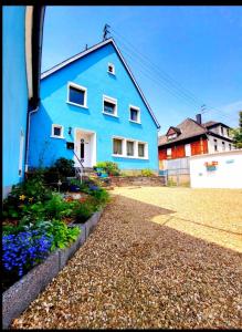 una casa azul con un jardín frente a ella en Ferienhaus Dhrontal, en Neumagen-Dhron