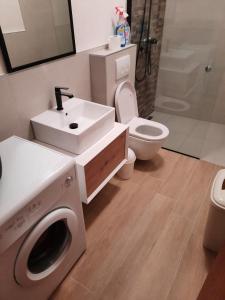 a bathroom with a sink and a washing machine at Haus Fernweh in Rtina