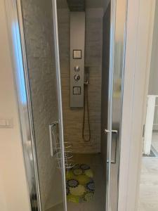 a shower with a glass door in a bathroom at Casa Levante Fregene, mare e relax vicino Roma in Fregene