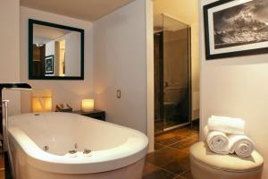 a bathroom with a bath tub and a toilet at Hotel Panamericano Bariloche in San Carlos de Bariloche