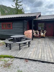 una terraza de madera con una mesa de picnic y una cabaña en Peaceful cottage close to Bø Sommarland and Lifjell-perfect for hiking 