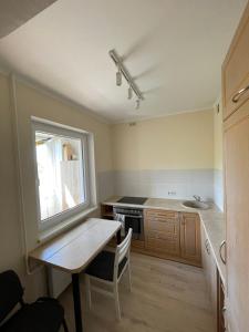 uma cozinha com uma mesa e um lavatório em Ruses. One Bedroom Apartment em Riga