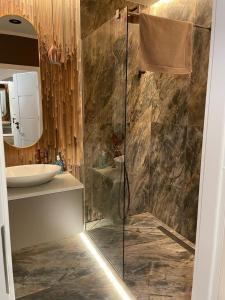 a bathroom with a shower and a sink at GOLD Apartment Centrum garaż in Gliwice