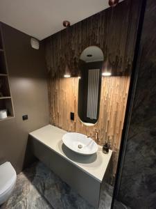 a bathroom with a sink and a mirror at GOLD Apartment Centrum garaż in Gliwice