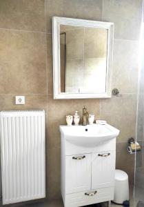 La salle de bains est pourvue d'un lavabo blanc et d'un miroir. dans l'établissement Stellinas Pretty House, à Andros