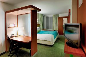 レイクチャールズにあるSpringHill Suites by Marriott Lake Charlesのベッド、デスク、テレビが備わるホテルルームです。