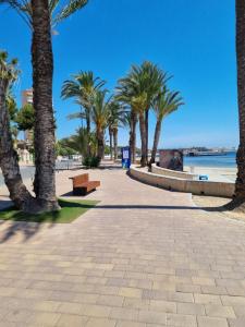a sidewalk with palm trees and a bench next to the beach at Luxe nieuwbouw appartement op 50m van de zee in San Javier