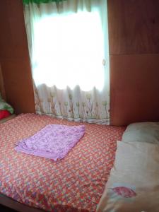 a bedroom with a bed with a window and a pillow at Batad Family Inn and Hidden Hut in Banaue