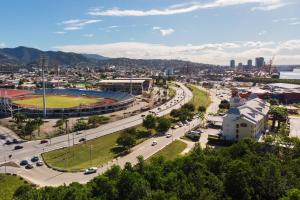 an aerial view of a city with a ballpark at Courtyard by Marriott Port of Spain in Port-of-Spain