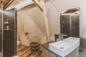 La salle de bains est pourvue d'un lavabo et d'une douche. dans l'établissement Alpin D'Hôme Hôtel & Spa, aux Orres