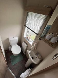 a small bathroom with a toilet and a sink at The Helmsley lodge lido beach Prestatyn northwales in Prestatyn