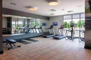 une salle de sport avec plusieurs tapis de course et machines elliptiques dans l'établissement SpringHill Suites by Marriott Great Falls, à Great Falls